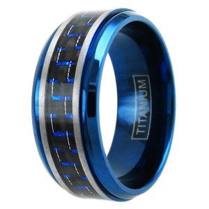 Titanium Wedding Band (8mm). Blue Ring w/ Blue and Black Carbon Fiber Inlay.